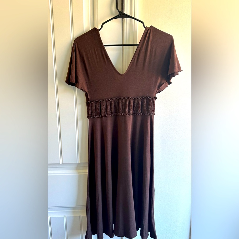 Brown dress with ruffled band at the waist. Such a cute dress!